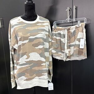Bloom & Pop 2 pc. Tan Camo set, pullover sweatshirt,elastic waist pocket shorts